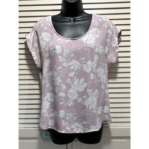 Pink Rose Lavender/White Floral Short Sleeve Scoop‎ Zipper Back Blouse Size M